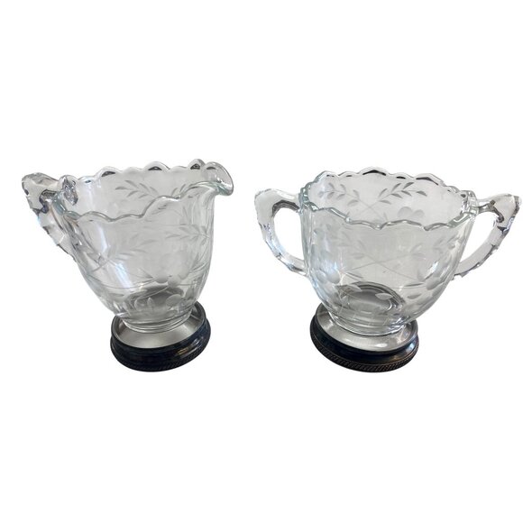 Antique Sterling Silver Base Etched Glass Sugar & Creamer Set With Floral Design - Picture 1 of 10